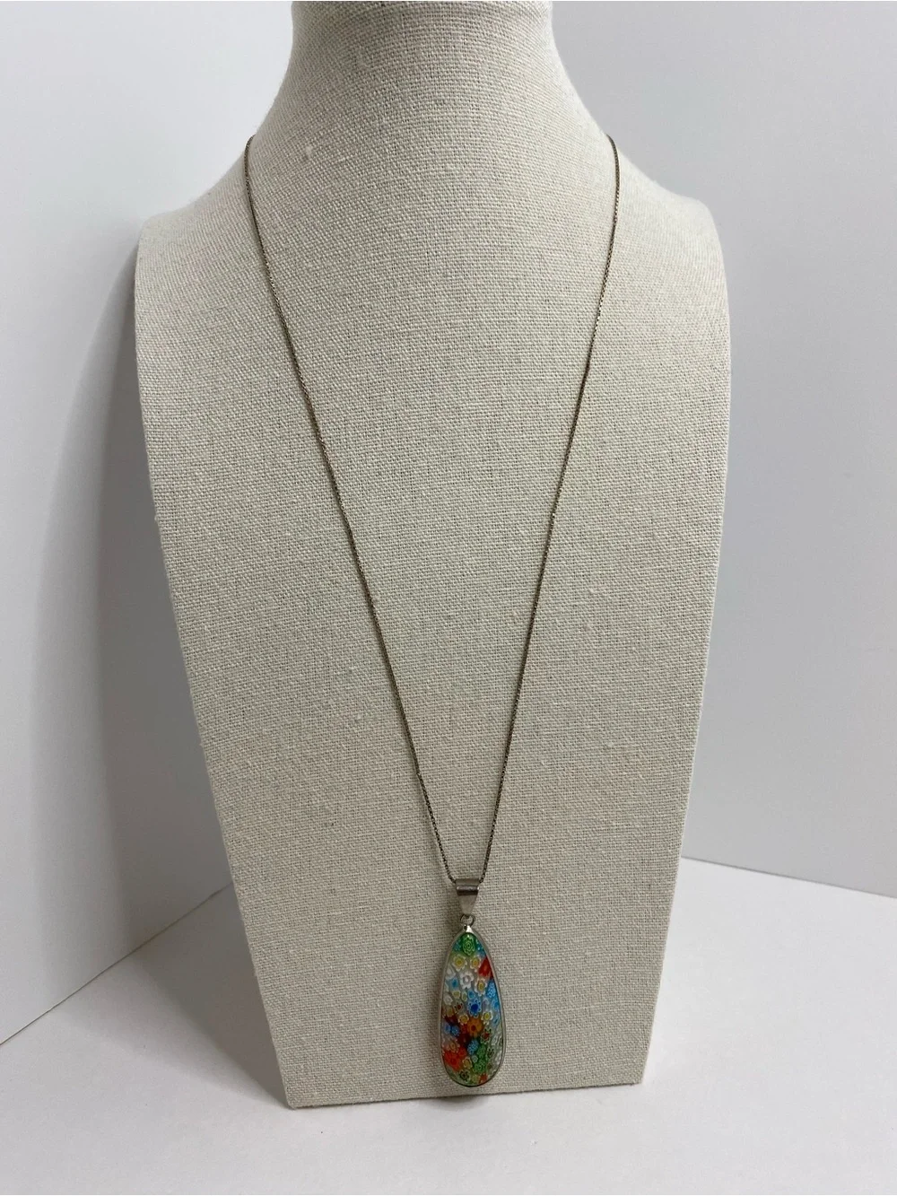 Millefiori Made In Italy Floral Glass Teardrop Pendant Sterling Silver Box Chain